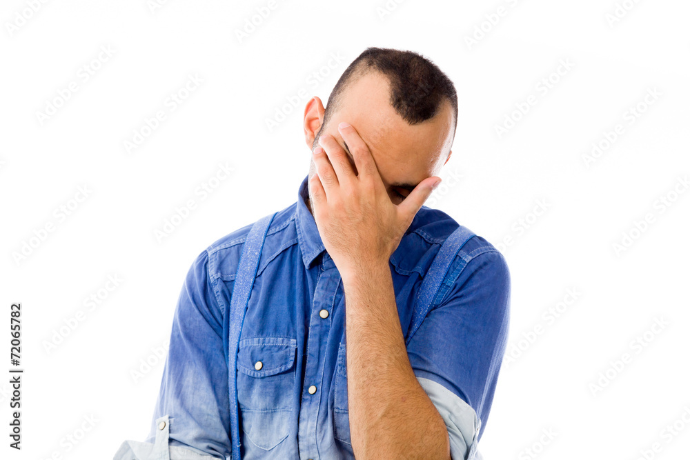 model isolated on plain background ashamed hiding face in hand model isolated on plain background ashamed hiding face in hand