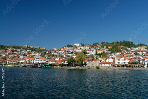 Fototapeta Naklejka Na Ścianę i Meble -  View of Ohrid old town and old fortress from a boat.