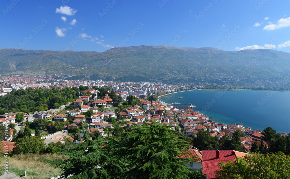 Aerial view of Ohrid Lake, city of Ohrid and mountains