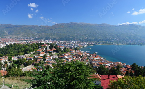 Aerial view of Ohrid Lake, city of Ohrid and mountains
