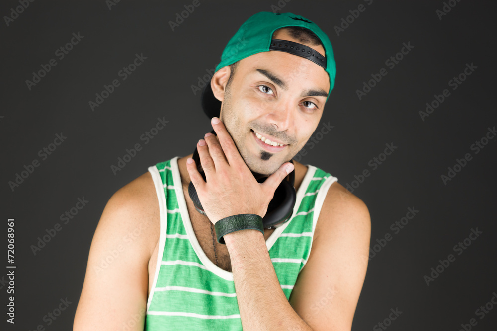 model isolated on plain background thinking