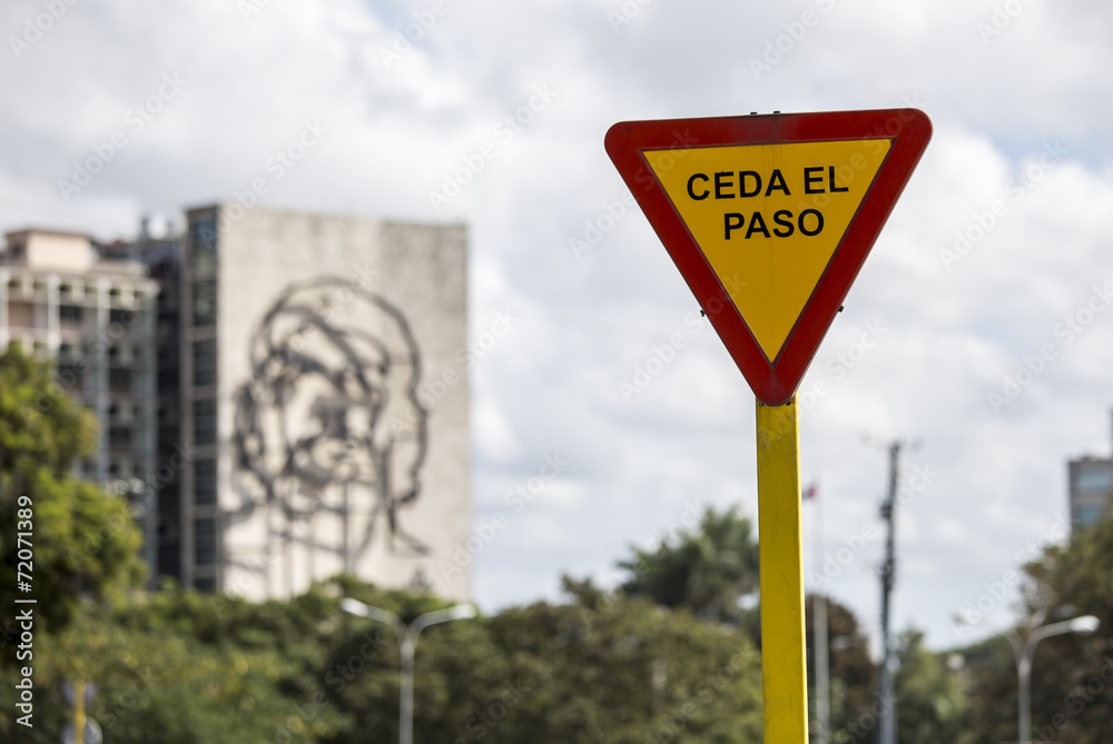 Yield sign at Plaza de la Revolucion in Havana, Cuba