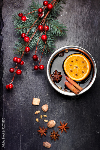Christmas mulled wine and spices. Chalk board background .