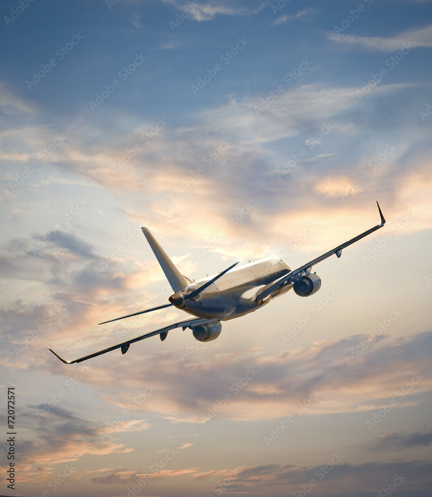 Naklejka premium Samolot lecący nad zachodem słońca