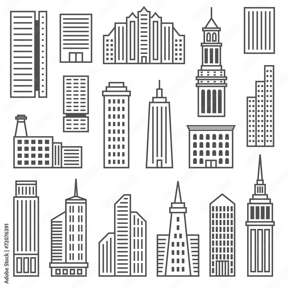 Skyscrapers icons. Modern gray silhouettes of buildings and