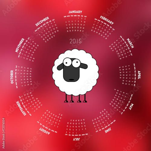 Round calendar 2015 with sheep on red background