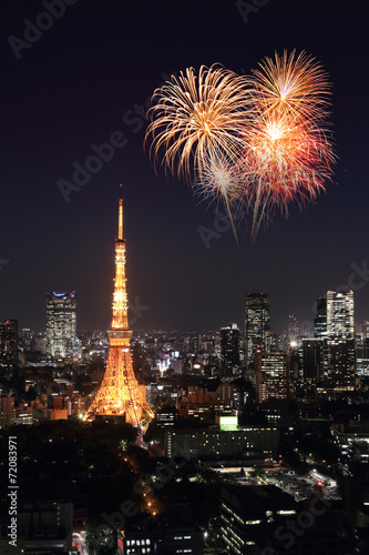 Photography Fireworks celebrating over Tokyo cityscape at night
