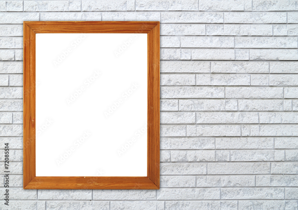 blank wood frame on brick stone wall blank wood frame on brick stone wall