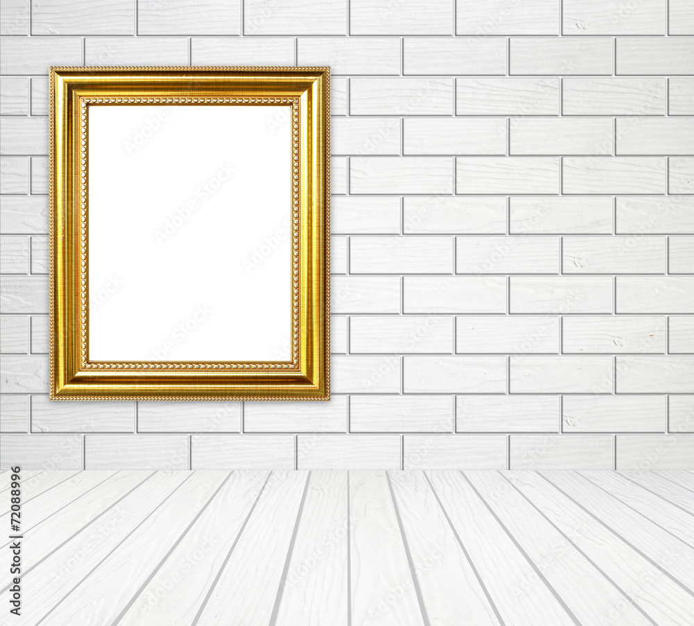 golden frame in room with white wood wall (block style) and wood golden frame in room with white wood wall (block style) and wood