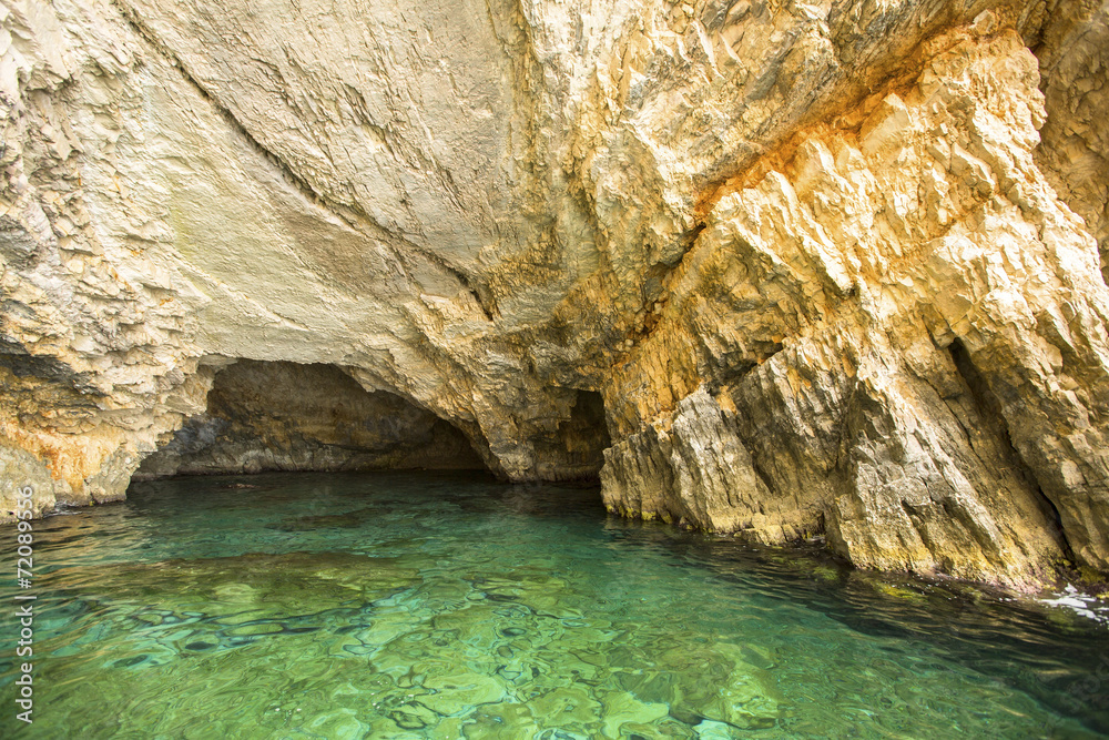 Blue caves (inside) on Zakynthos island in Greece.