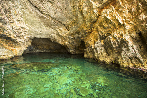 Inside Blue caves on Zakynthos island in Greece.