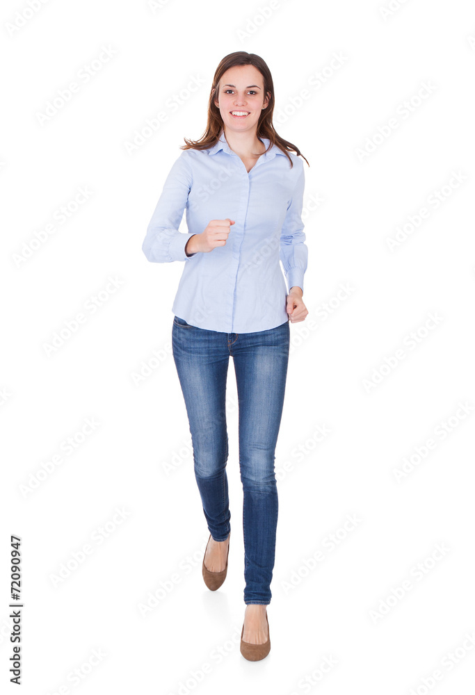 Woman In Smart Casuals Running Against White Background