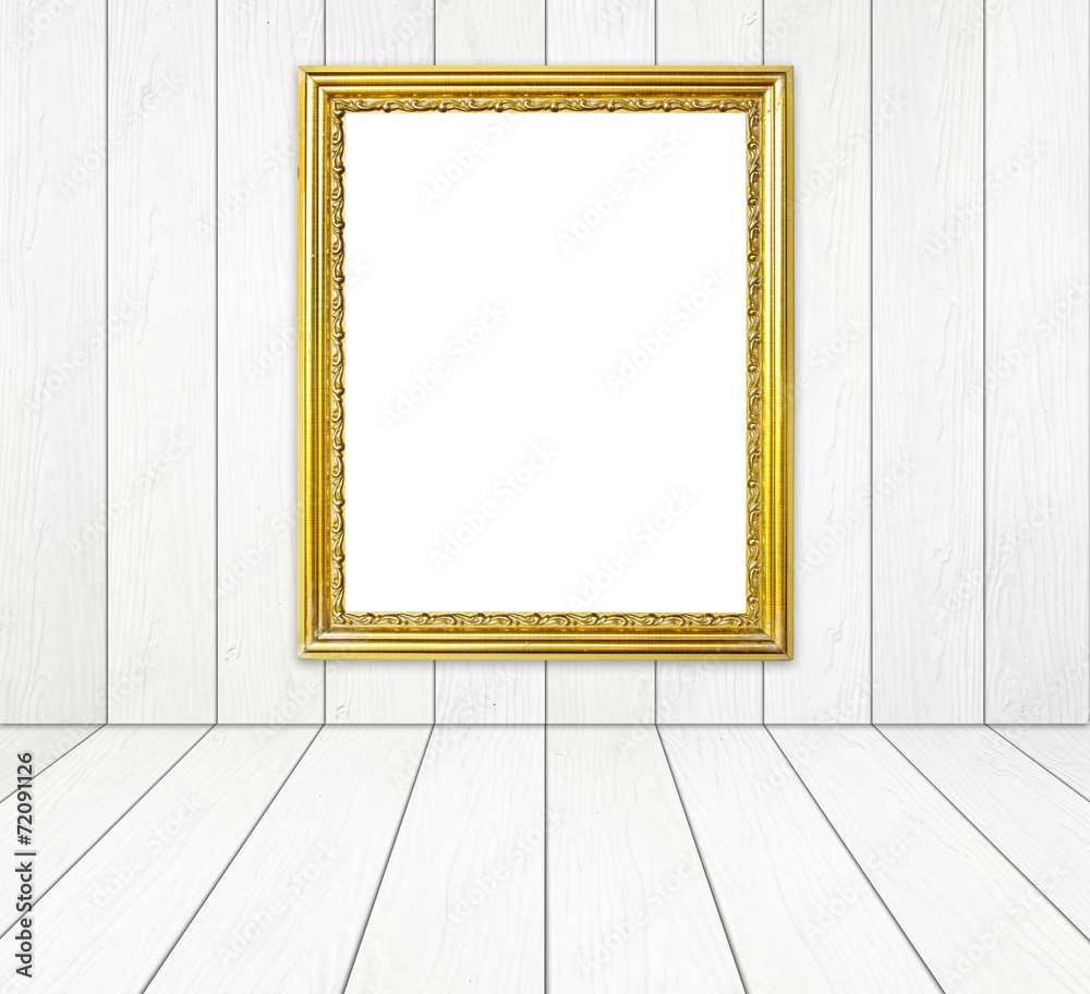 golden frame in room with white wood wall and wood floor backgro golden frame in room with white wood wall and wood floor backgro