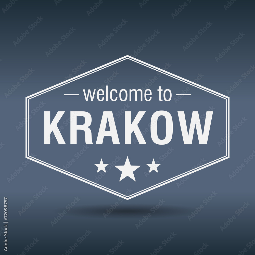 welcome to Krakow hexagonal white vintage label