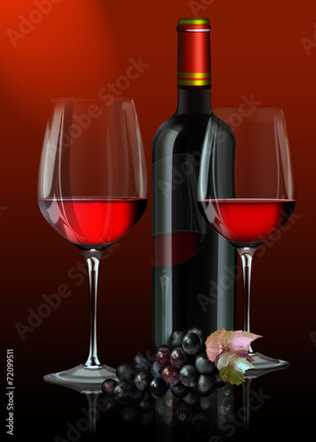 Zwei Rotweingläser mit Rotweinflasche, Weintrauben auf scharzen