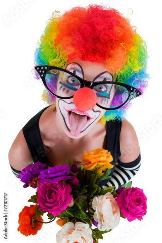 Fototapeta Girl in big red glasses and clown costume