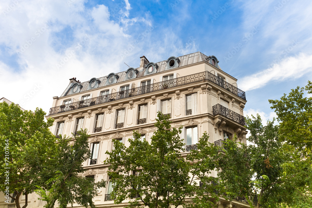 Fototapeta premium Altbau in Paris, Haus und Baum - Frankreich