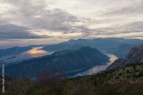 Fototapeta Naklejka Na Ścianę i Meble -  View of Vrmac  mountain and Bay of Kotor. Autumn in Montenegro