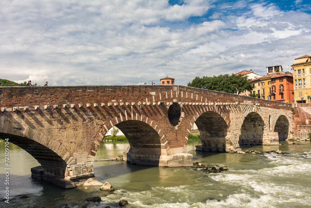 View of Adige river and Pietra bridge, Verona, Italy.