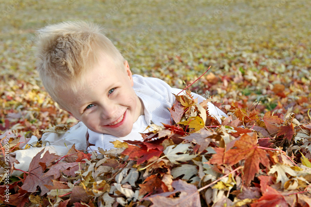 Happy Young Child Jumping in Pile of Fall Leaves Happy Young Child Jumping in Pile of Fall Leaves