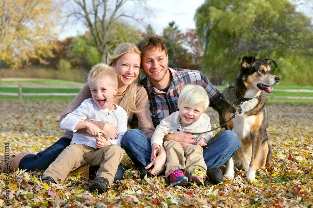 Happy Family and Pet Dog Autumn Portrait - obrazy, fototapety, plakaty 