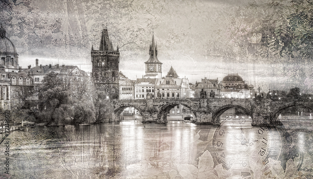 Widok na Most Karola w stylu retro Praga,Czechy.