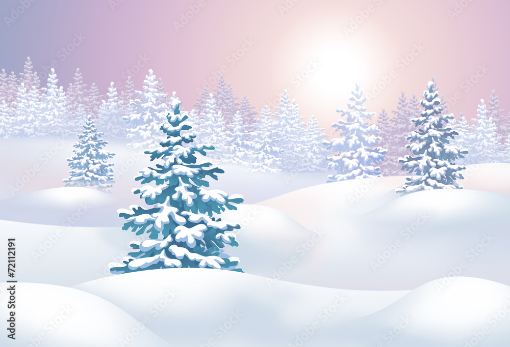 winter landscape horizontal illustration, sunset in forest