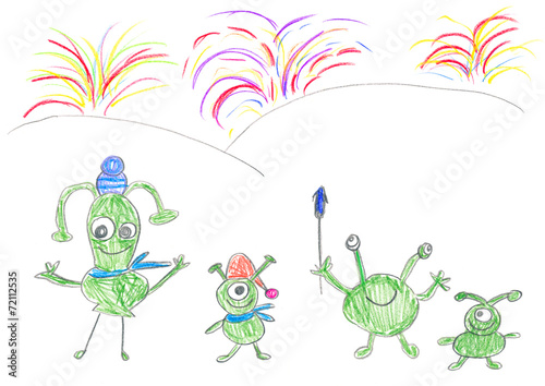Child's drawing of Aliens celebrating happy New Year.