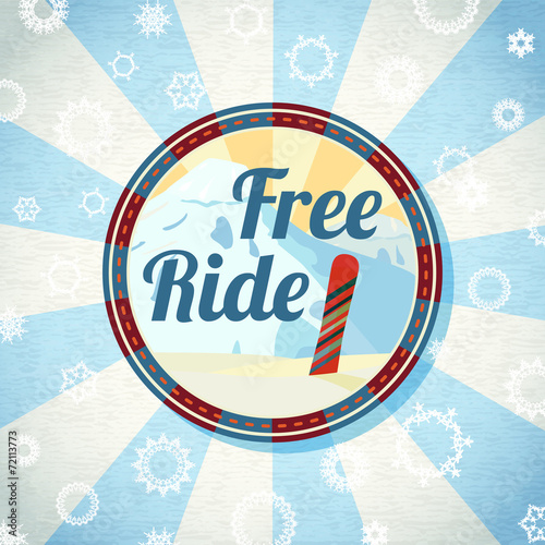 Label with freeride mountain snowboard surfing landscape. Retro