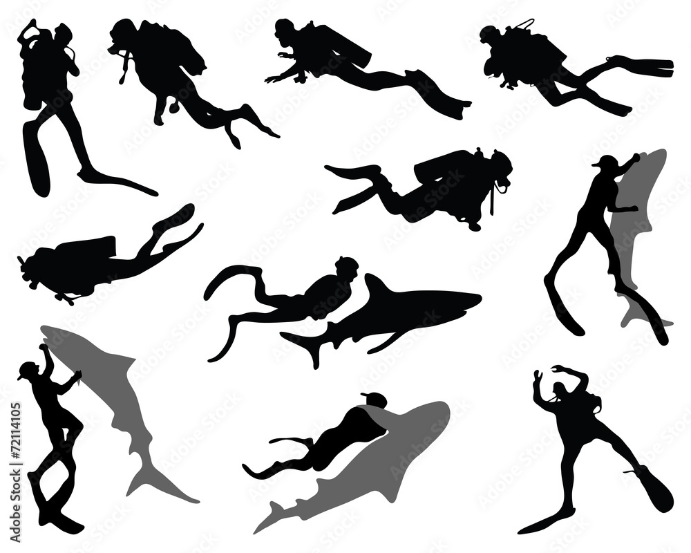 Black silhouettes of divers and sharks, vector Black silhouettes of divers and sharks, vector