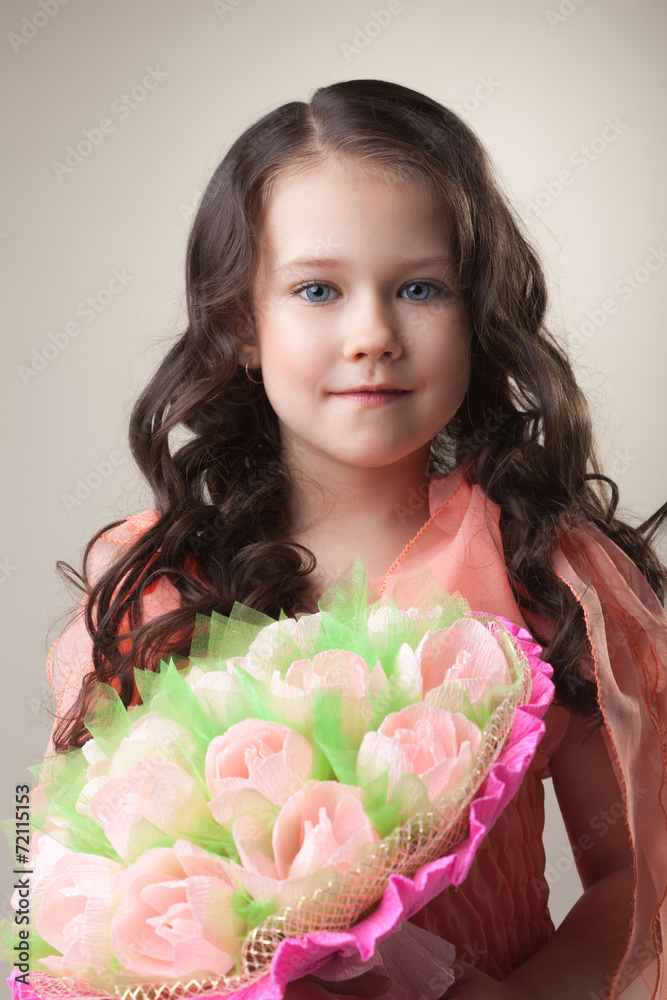 Lovely young girl with bouquet of paper tulips Lovely young girl with bouquet of paper tulips