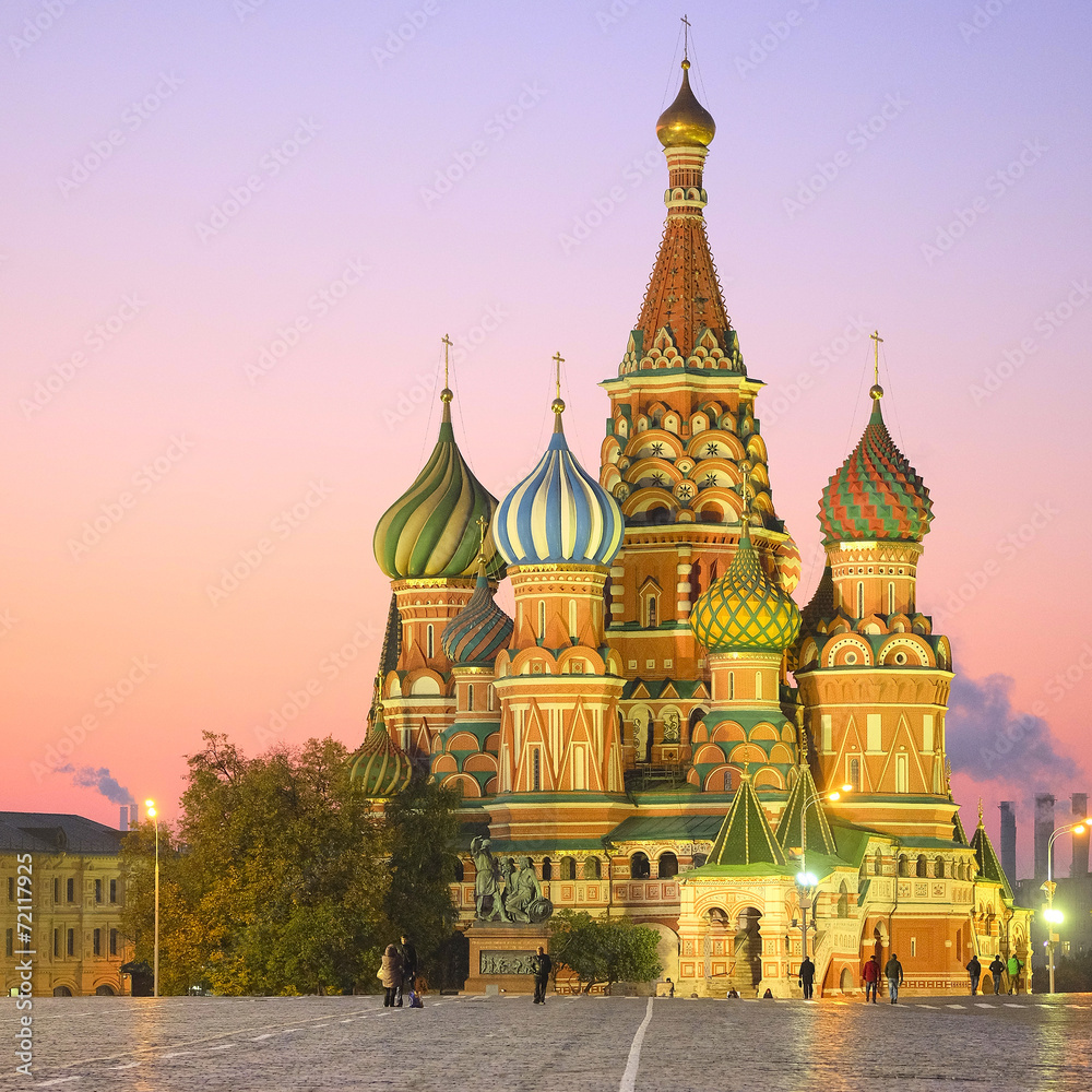 Cityscape with the image of night St. Basil Cathedral in Moscow