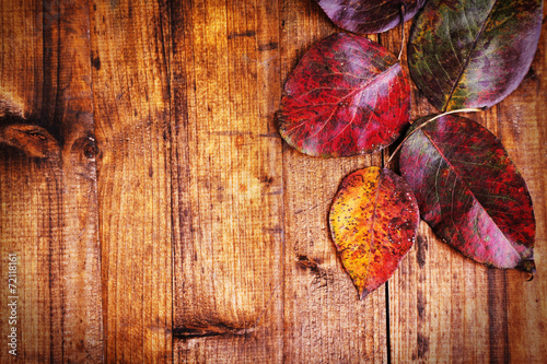 Autumn leaves on brown wooden background