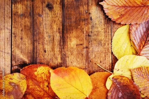 Autumn leaves on brown wooden background