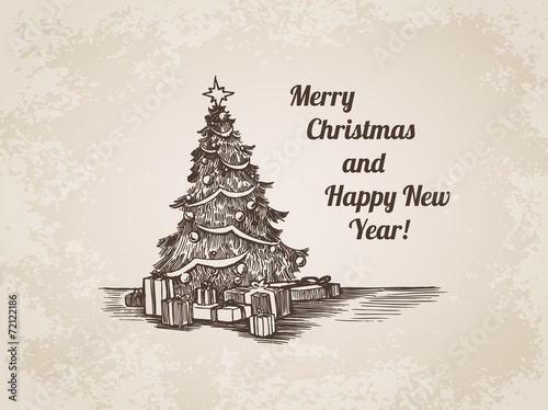 Christmas tree New Year handdrawn engraving style template