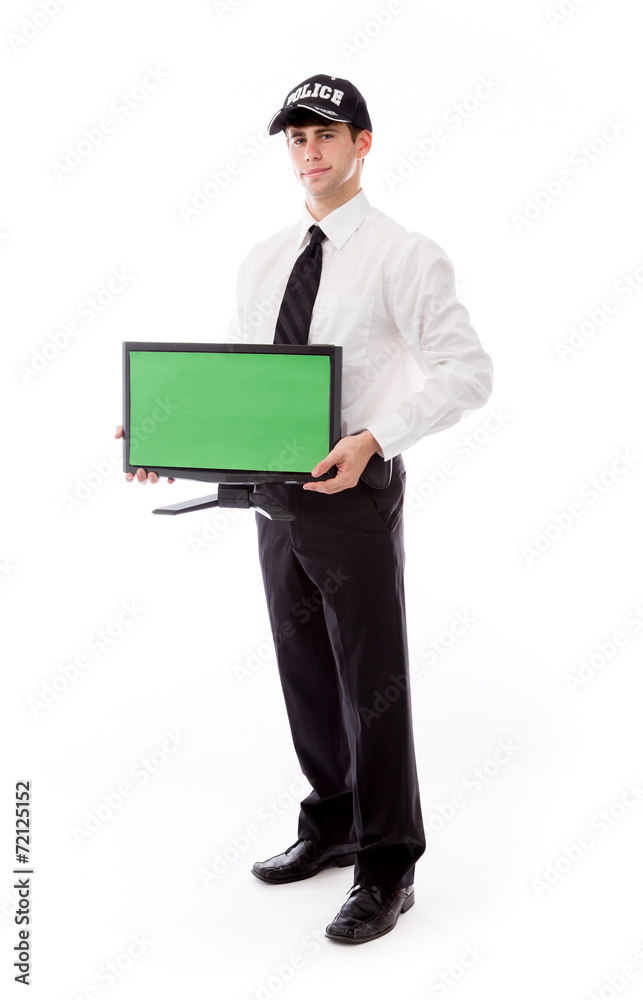 model isolated on white holding blank screen model isolated on white holding blank screen