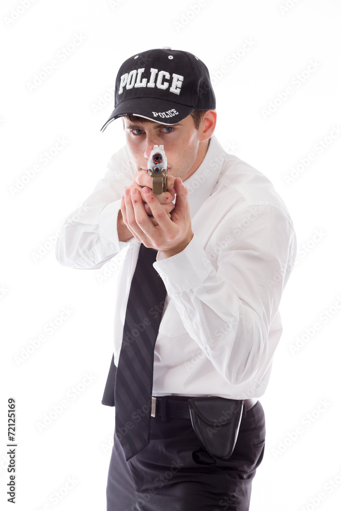 model isolated on white policeman with gun model isolated on white policeman with gun