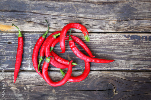fresh red hot chili peppers on an vintage wooden table