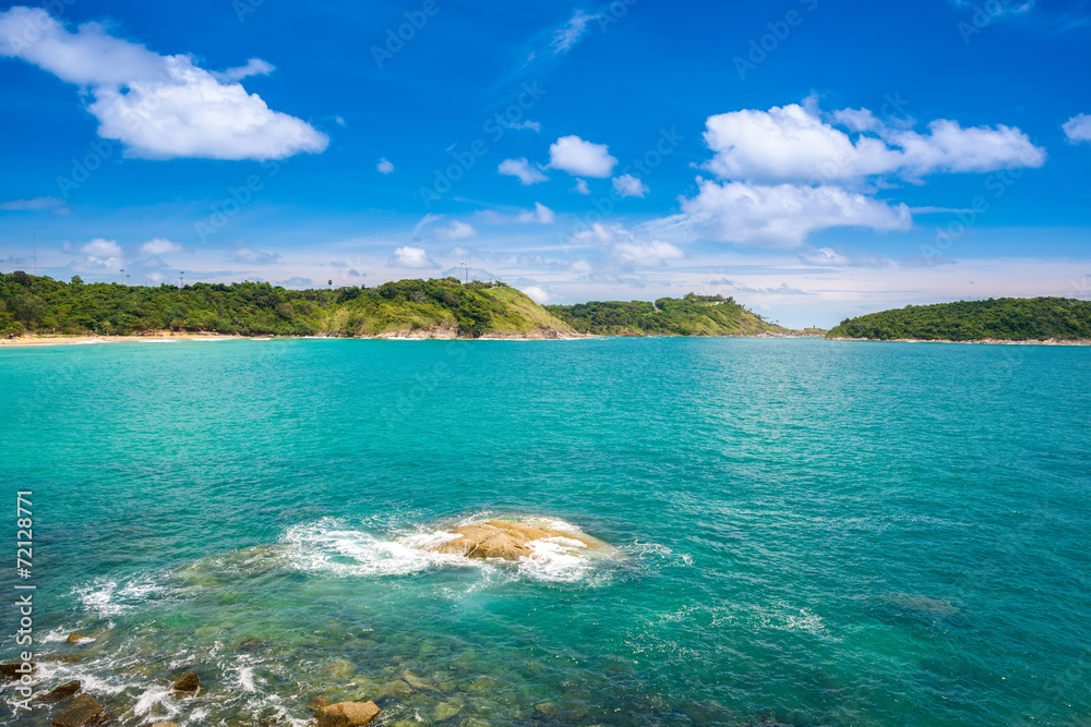 Tropical seascape with islands at Thailand, vacation background