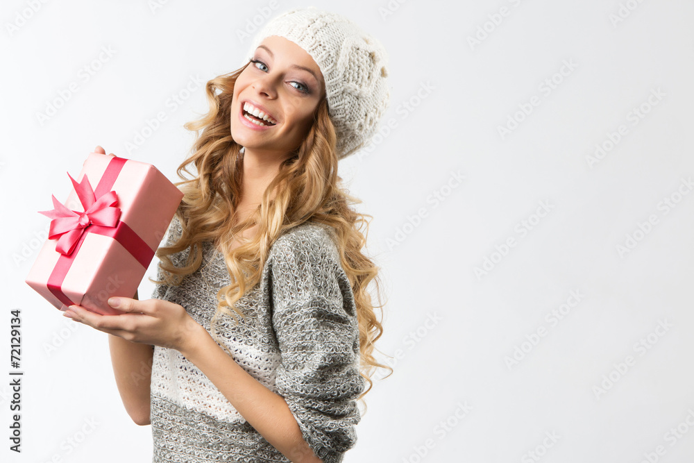 picture of cheerful girl with gift box on a white background picture of cheerful girl with gift box on a white background