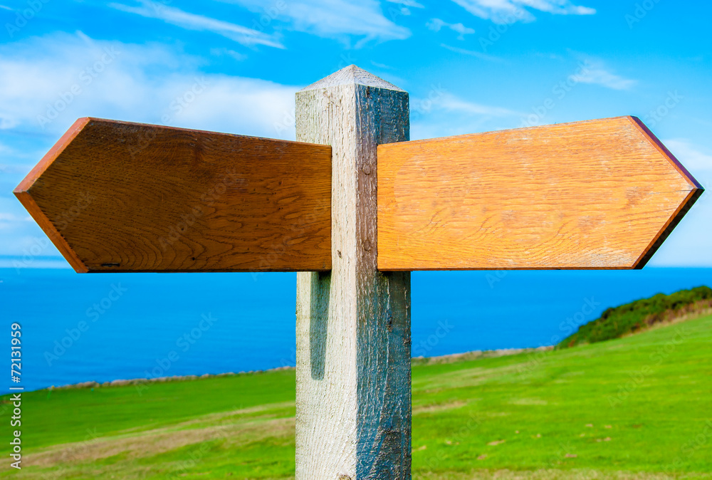 Fototapeta premium Blank wooden signpost with two arrows over clear blue sky