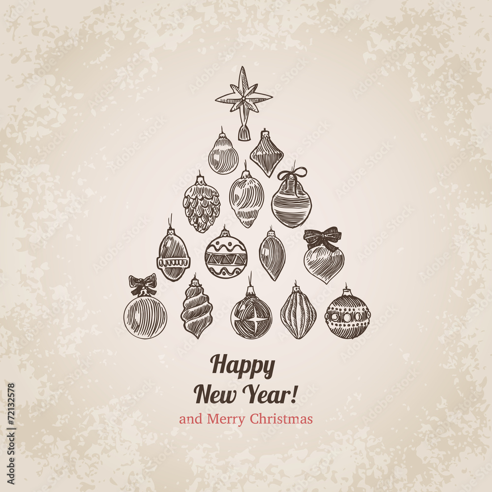 Fototapeta premium Christmas tree decorations set handdrawn style postcard template