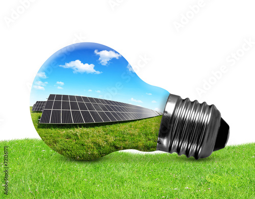 Solar panels in light bulb on white background