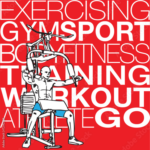 Illustration of muscular man exercising on a lat machine in gym