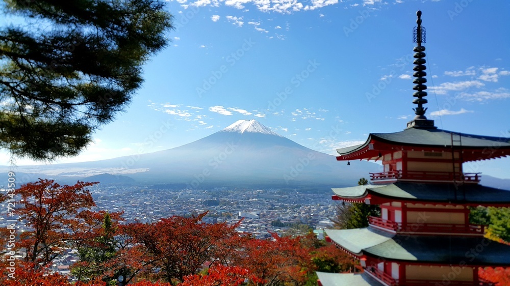 Mt.Fuji in autumn season with temple in red