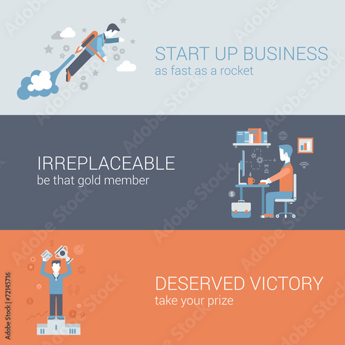 Quick start up business work hard win flat web banners template