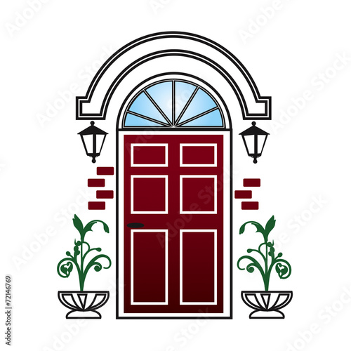 Red door with lanterns and topiary