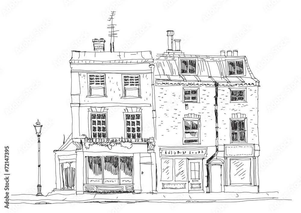 Old English town houses with shops on the ground floor. Sketch