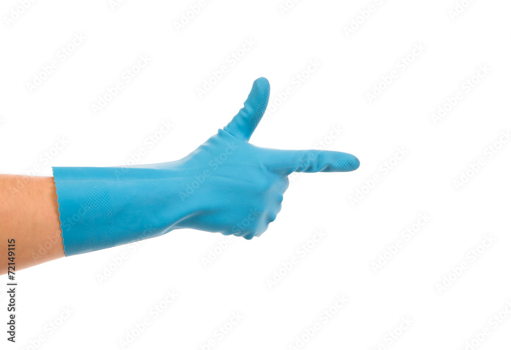 Blue glove on hand.