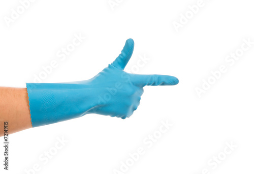 Blue glove on hand.